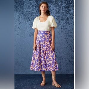 Marie Oliver Frankie Skirt Sz 6 Pink Purple Abstract Pleated A-Line Midi Linen